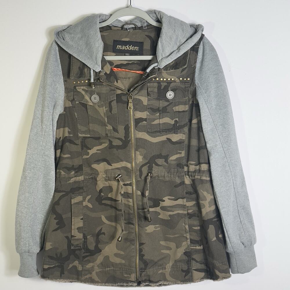 Madden NYC Camo Utility Jacket Hoodie Womens M Army Green Camo Zip Up Y2K